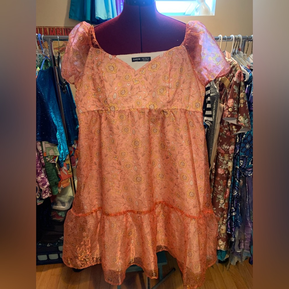 Shein Coral Print Organza Mini Dress with puff sleeves & ruffled trim